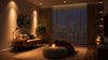 A cozy living room featuring a couch, a lamp, and a table, creating a warm and inviting atmosphere
