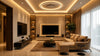 A modern living room featuring a large television, stylish furniture, and contemporary decor elements.