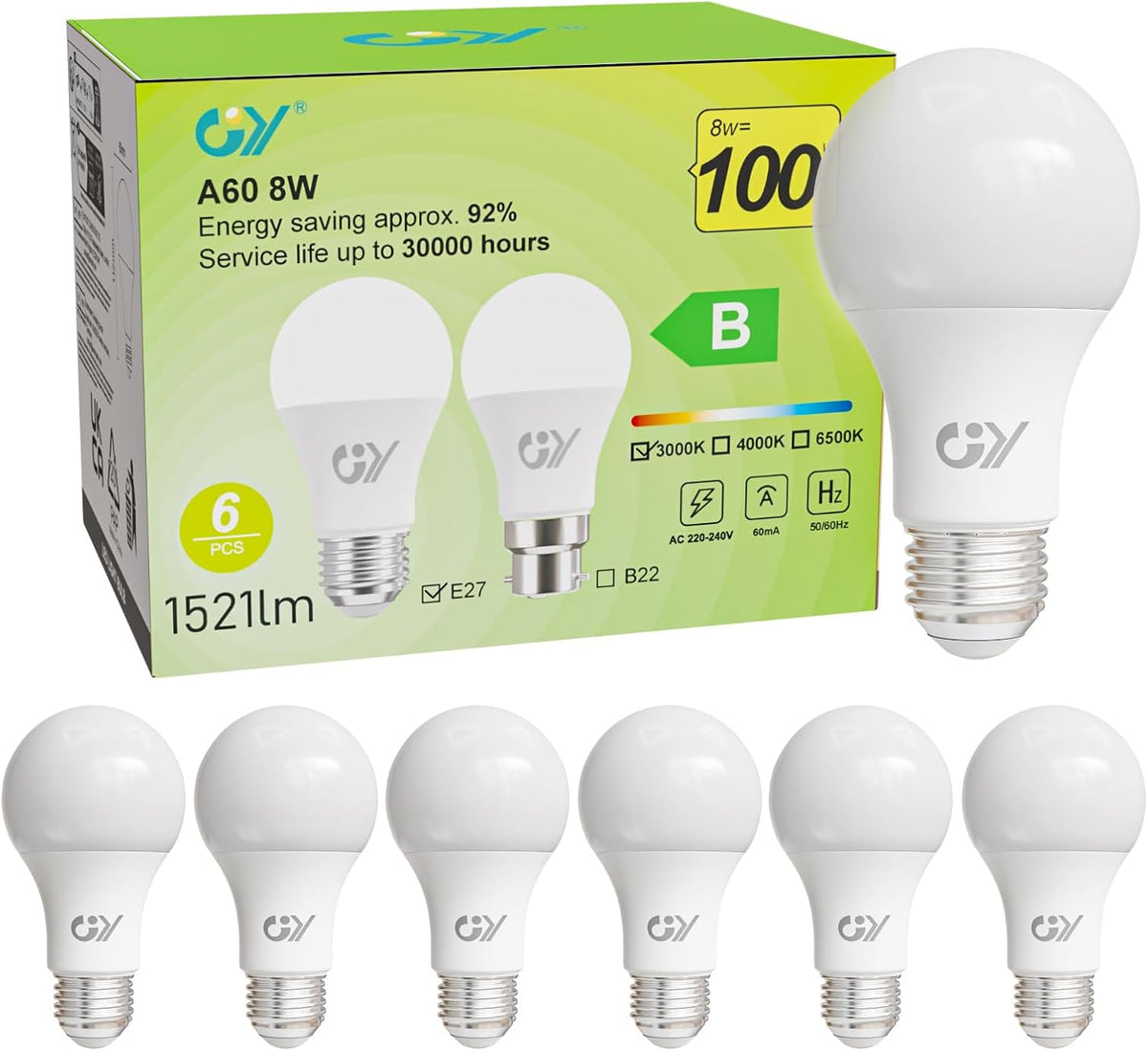 GY E27 LED Lampe 8W 1521 Lumen ersetzt 100W Halogen Energieeffizienzklasse B