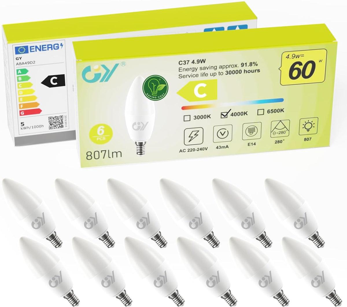 GY E14 C37 LED 4.9W 807 Lumen Energieeffizienzklasse C