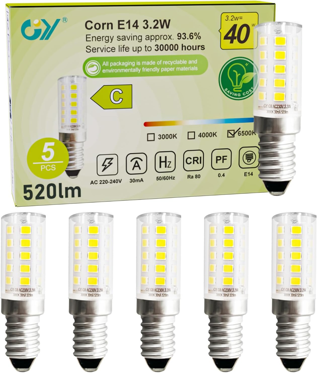 GY E14 LED Kühlschranklampe 3.2W 520 Lumen ersetzt 40W Energieeffizienzklasse C