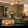 Flicker-free E14 LED lighting in a dining room with a message about eye protection
